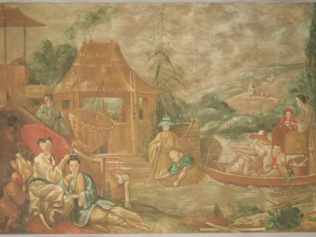 Large Antique 19th-Century Chinoiserie Painting - 63 x 91¾ Inches - Exquisite Detail