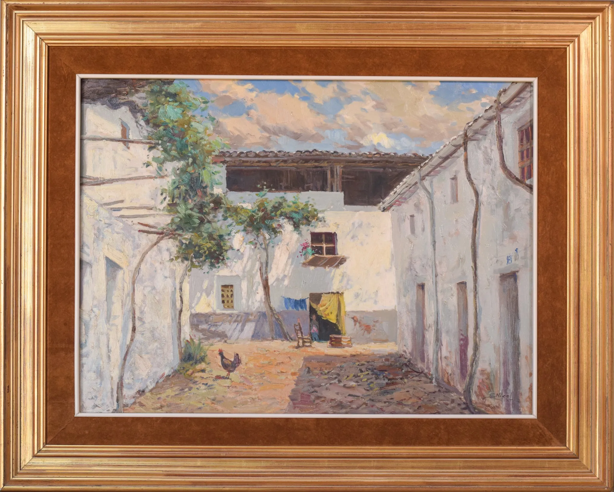 Large - Spanish Courtyard Scene with Cockerel