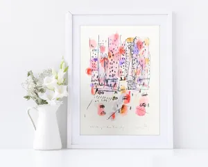 nyc wall art colorful watercolor painting, A3, original livingroom decor