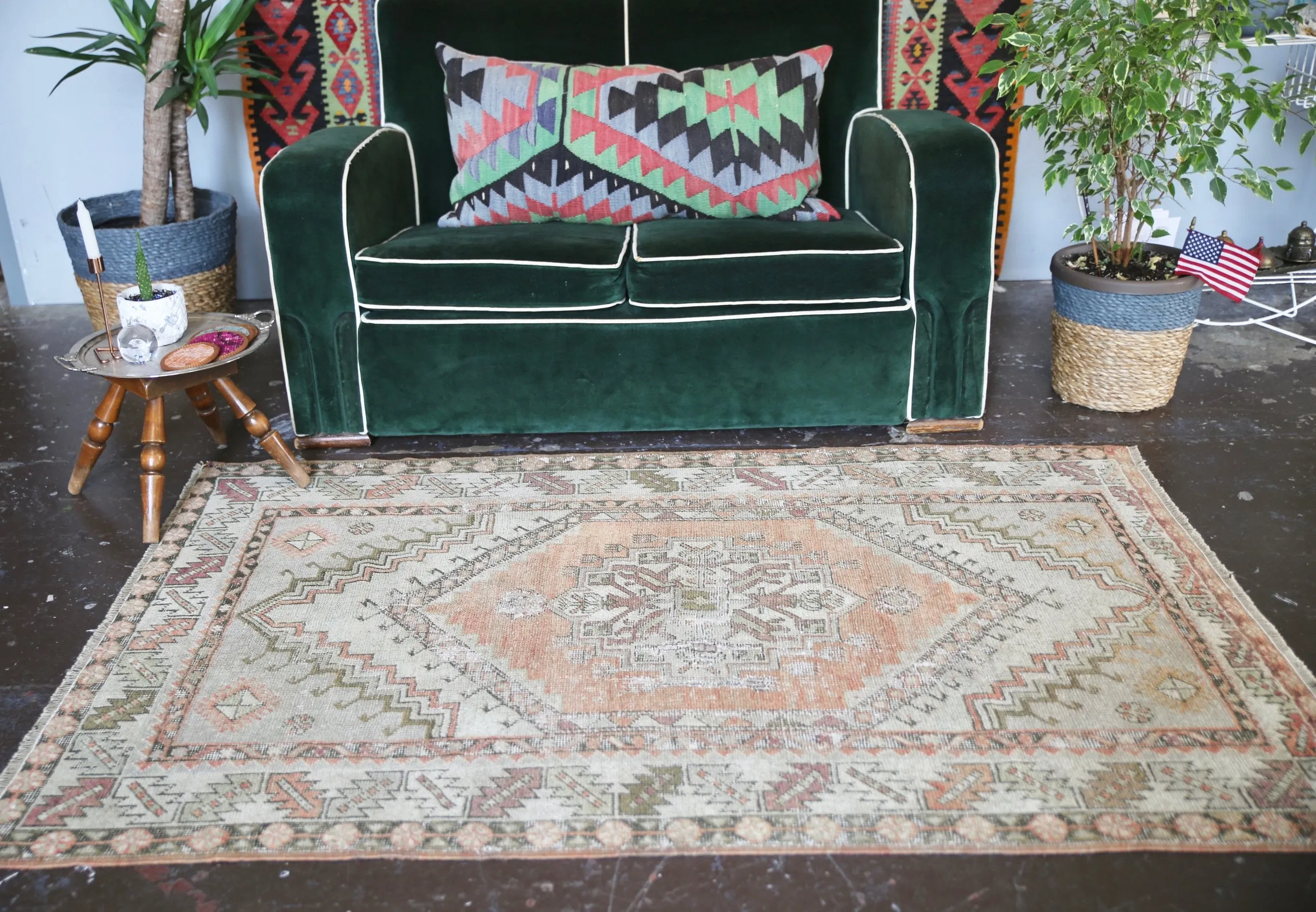 Old Faded Anatolian Turkish Rug 3.8ftx5.10ft