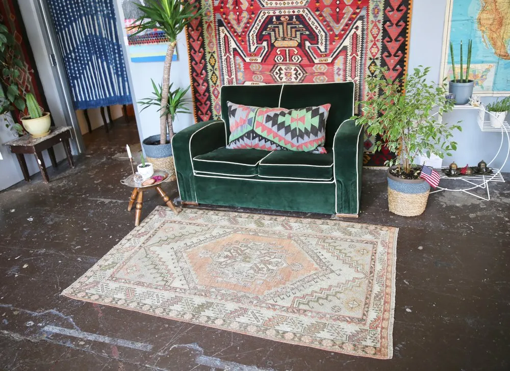 Old Faded Anatolian Turkish Rug 3.8ftx5.10ft