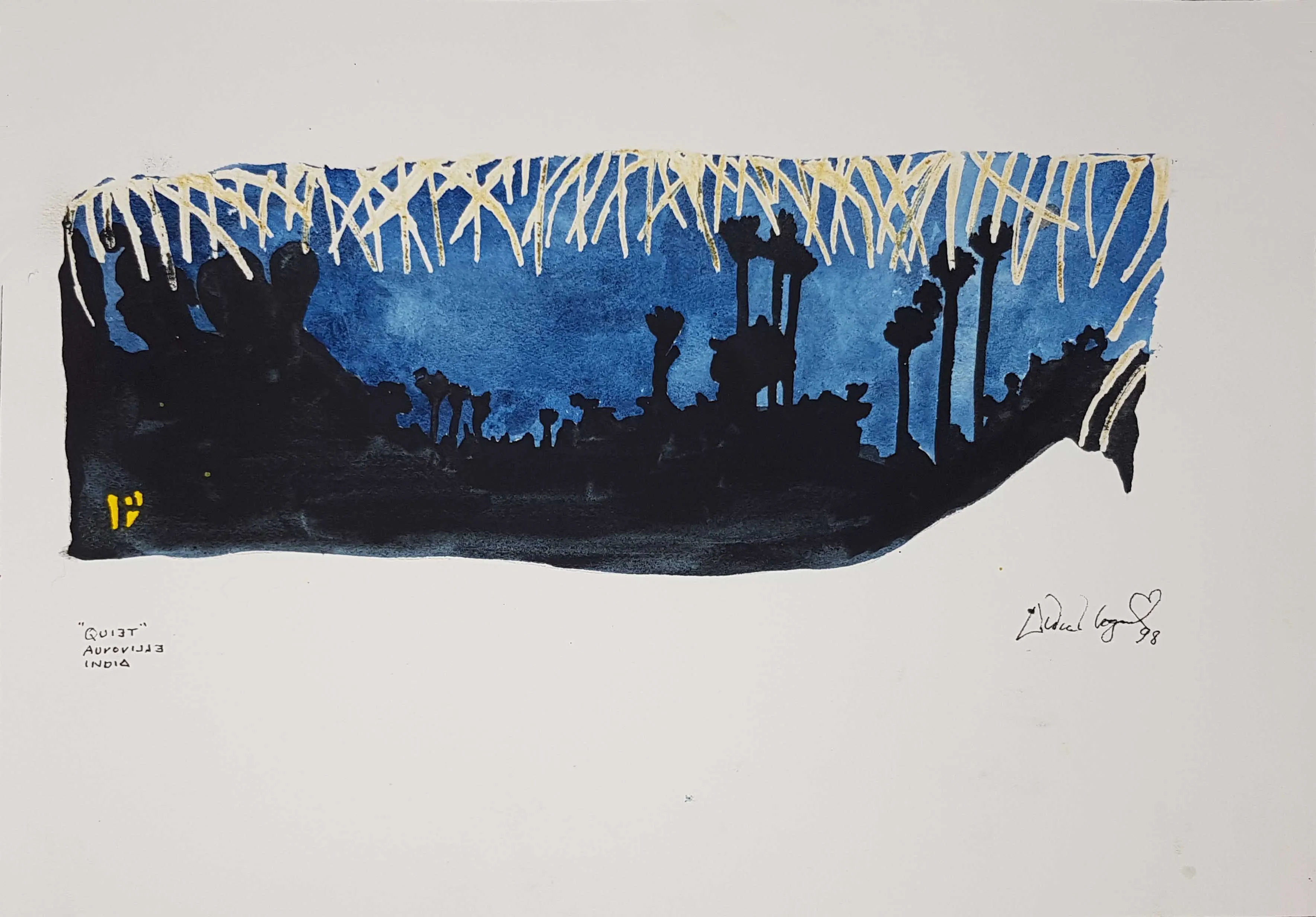 ORIGINAL WATERCOLOUR OF AUROVILLE, INDIA - "QUIET" ANDREW LOGAN 1998