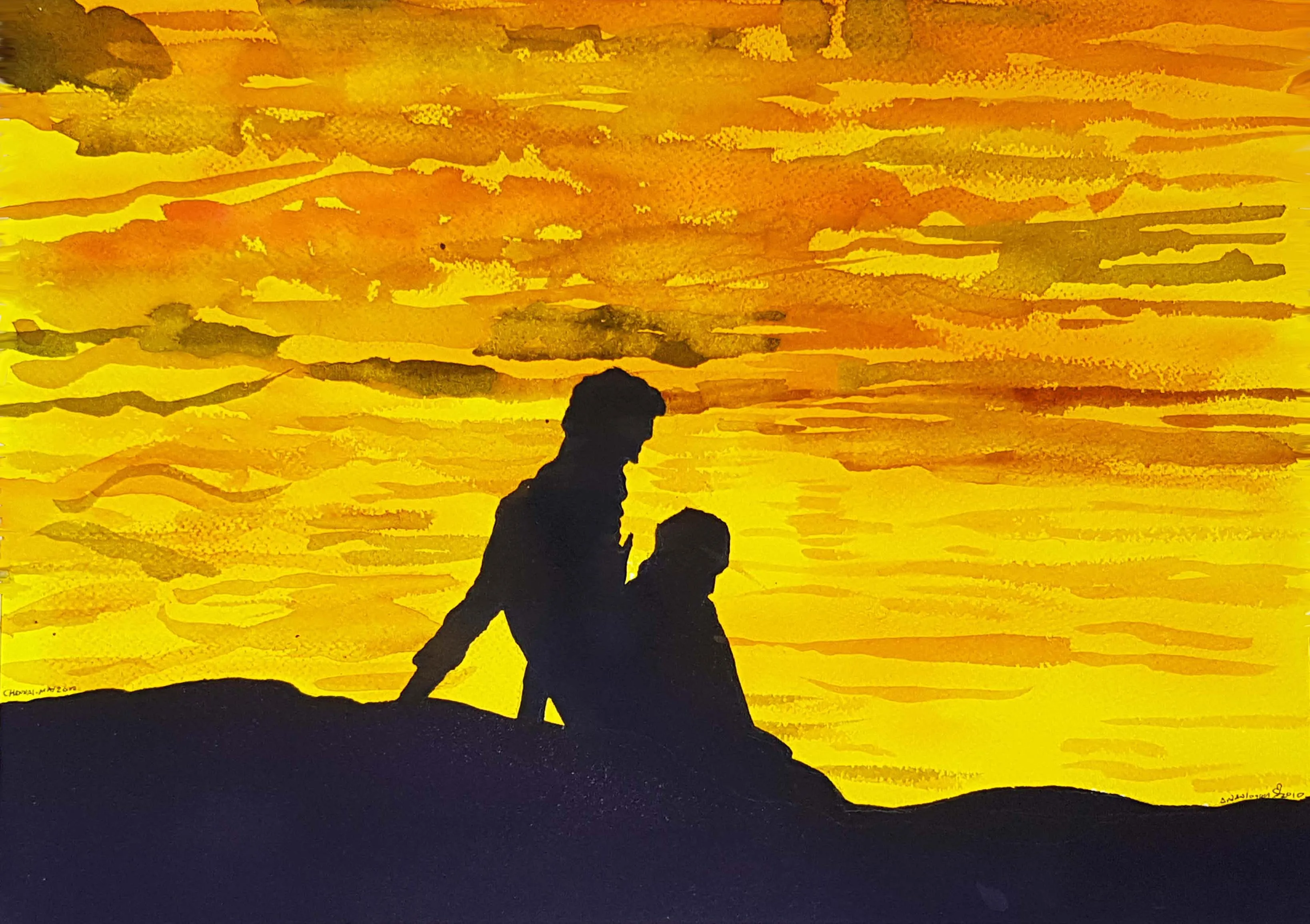 ORIGINAL WATERCOLOUR OF SILHOUETTED COUPLE, CHENNAI, INDIA - ANDREW LOGAN 2010