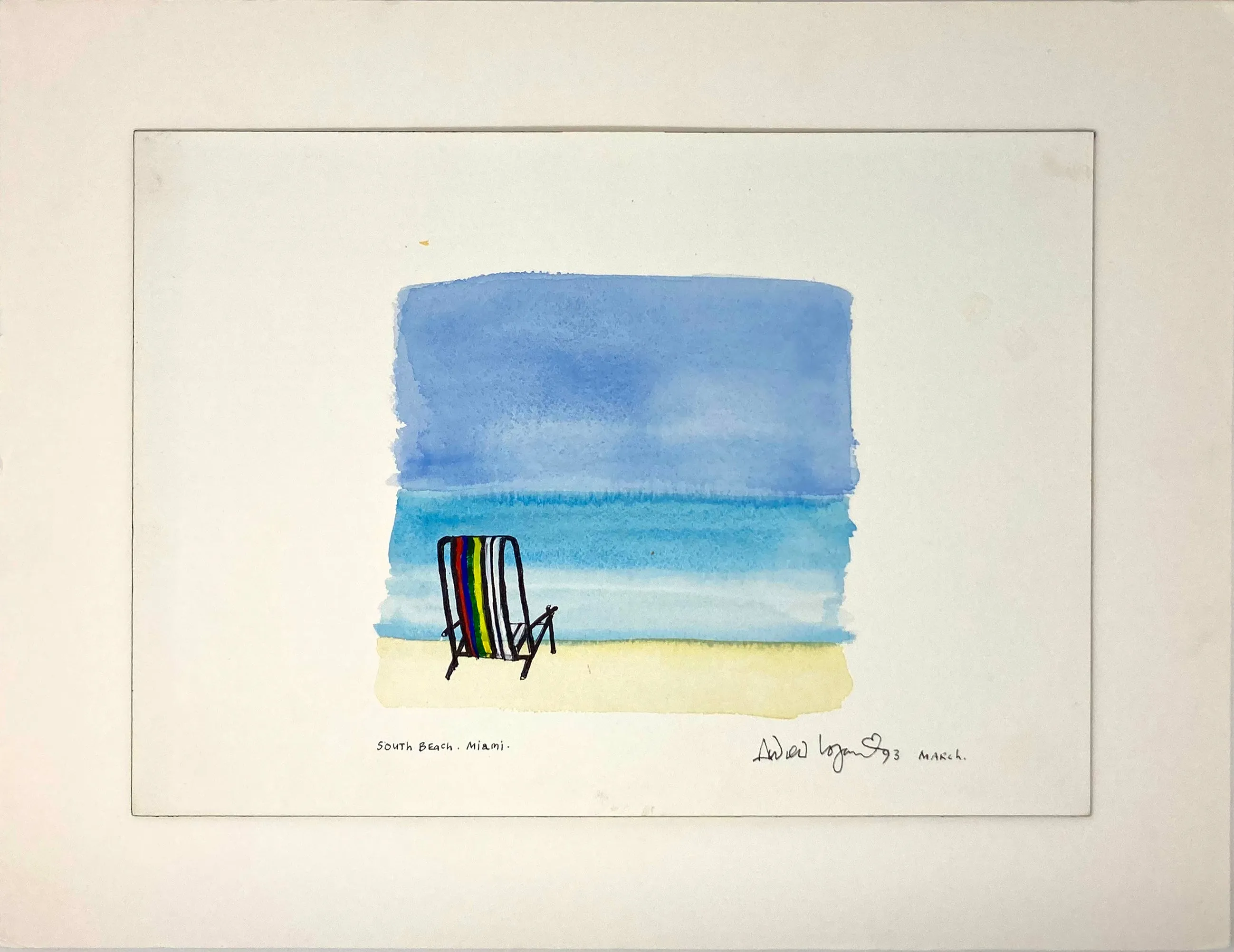 ORIGINAL WATERCOLOUR OF SOUTH BEACH, MIAMI - ANDREW LOGAN 1993