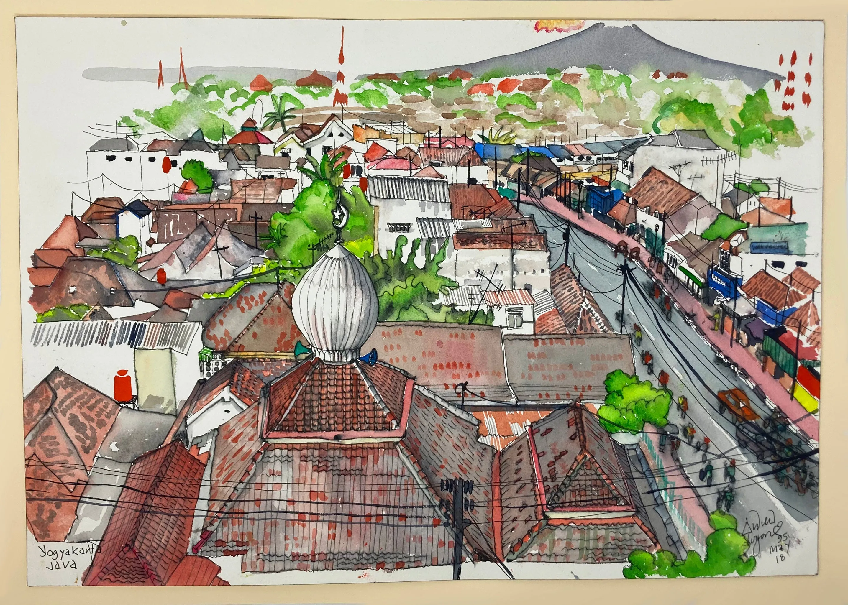 ORIGINAL WATERCOLOUR OF YOGYAKARTA IN JAVA, INDONESIA - ANDREW LOGAN 1995