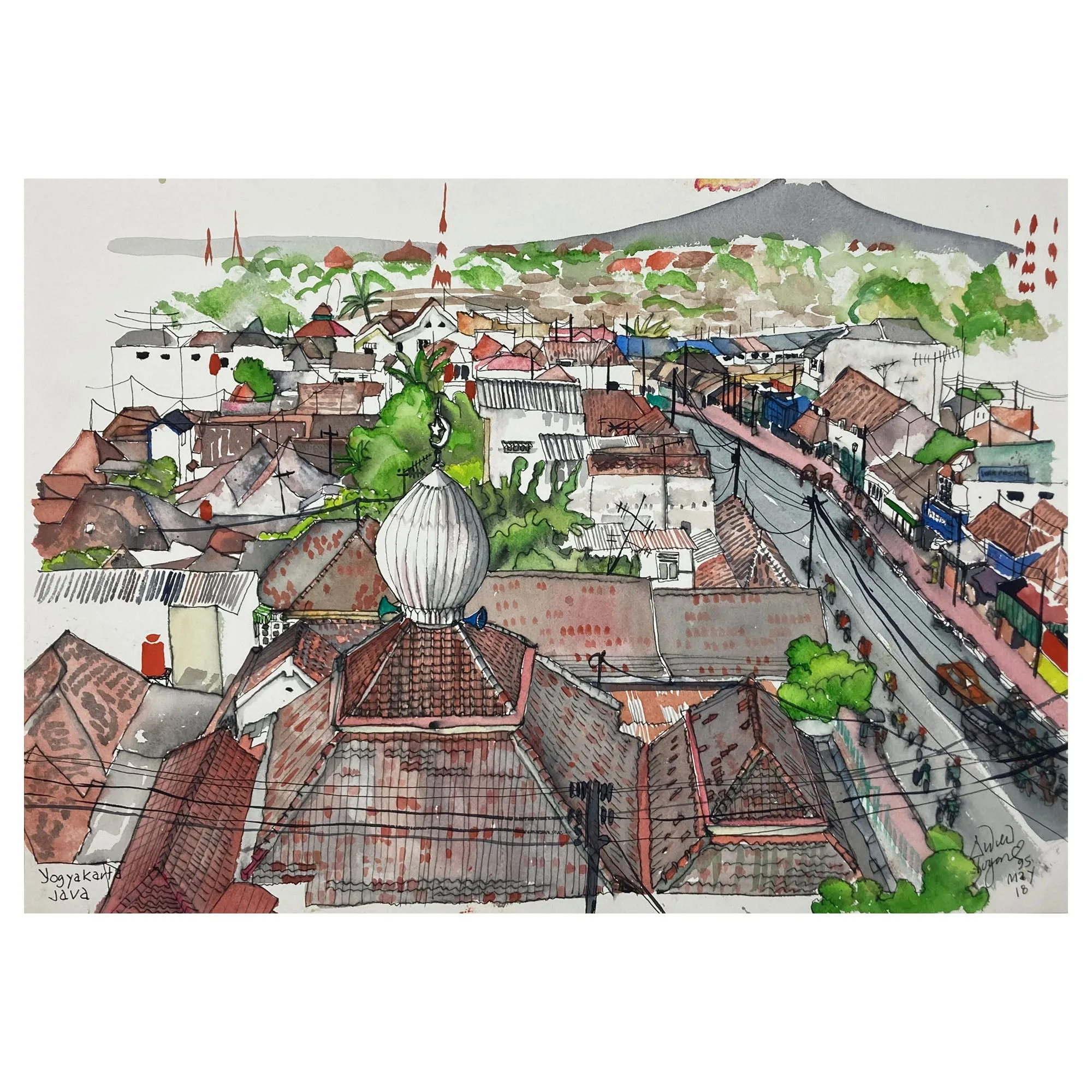 ORIGINAL WATERCOLOUR OF YOGYAKARTA IN JAVA, INDONESIA - ANDREW LOGAN 1995