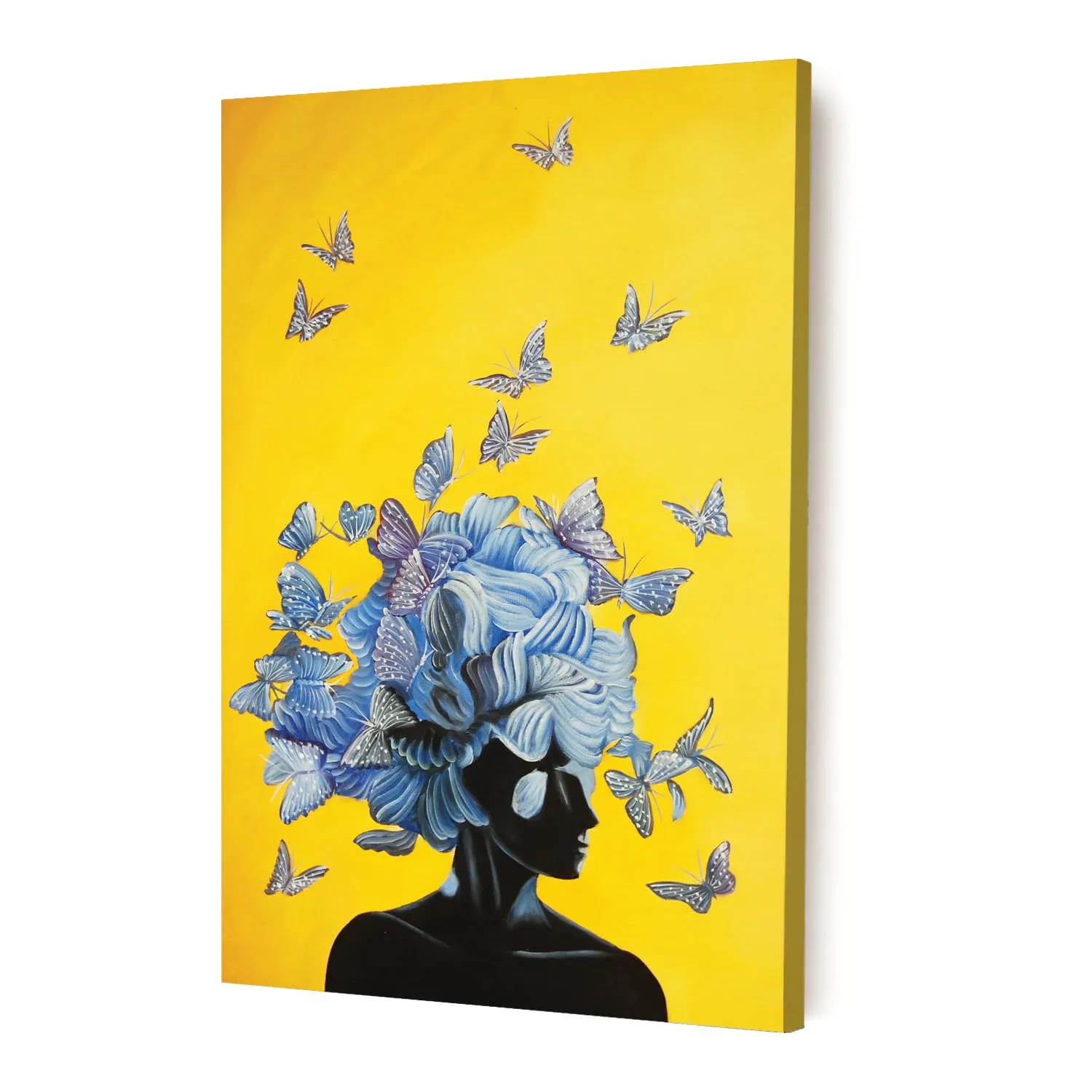 Painting Mantra Stretched On Frame Canvas Painting Blue Butterflies Women Art For Living Room, Decorative Home & Wall Décor Abstract Art (Size: 16x22 Inch)