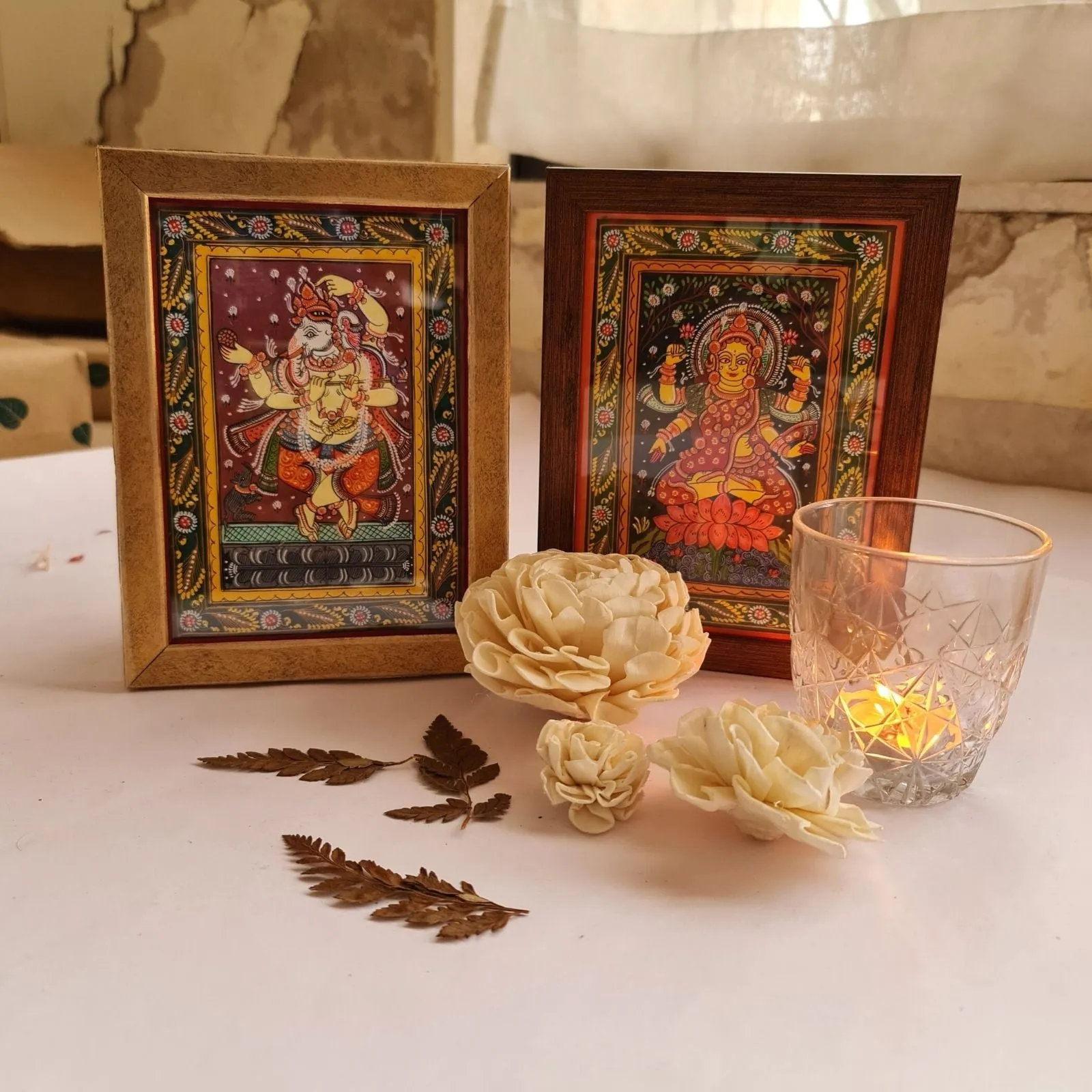 Pattachitra Ganesha & Gajalakshmi Set with Shola Flowers Gift Box