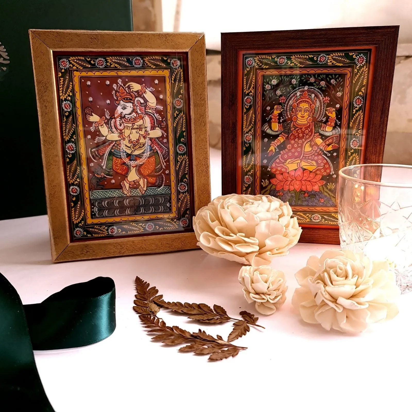 Pattachitra Ganesha & Gajalakshmi Set with Shola Flowers Gift Box