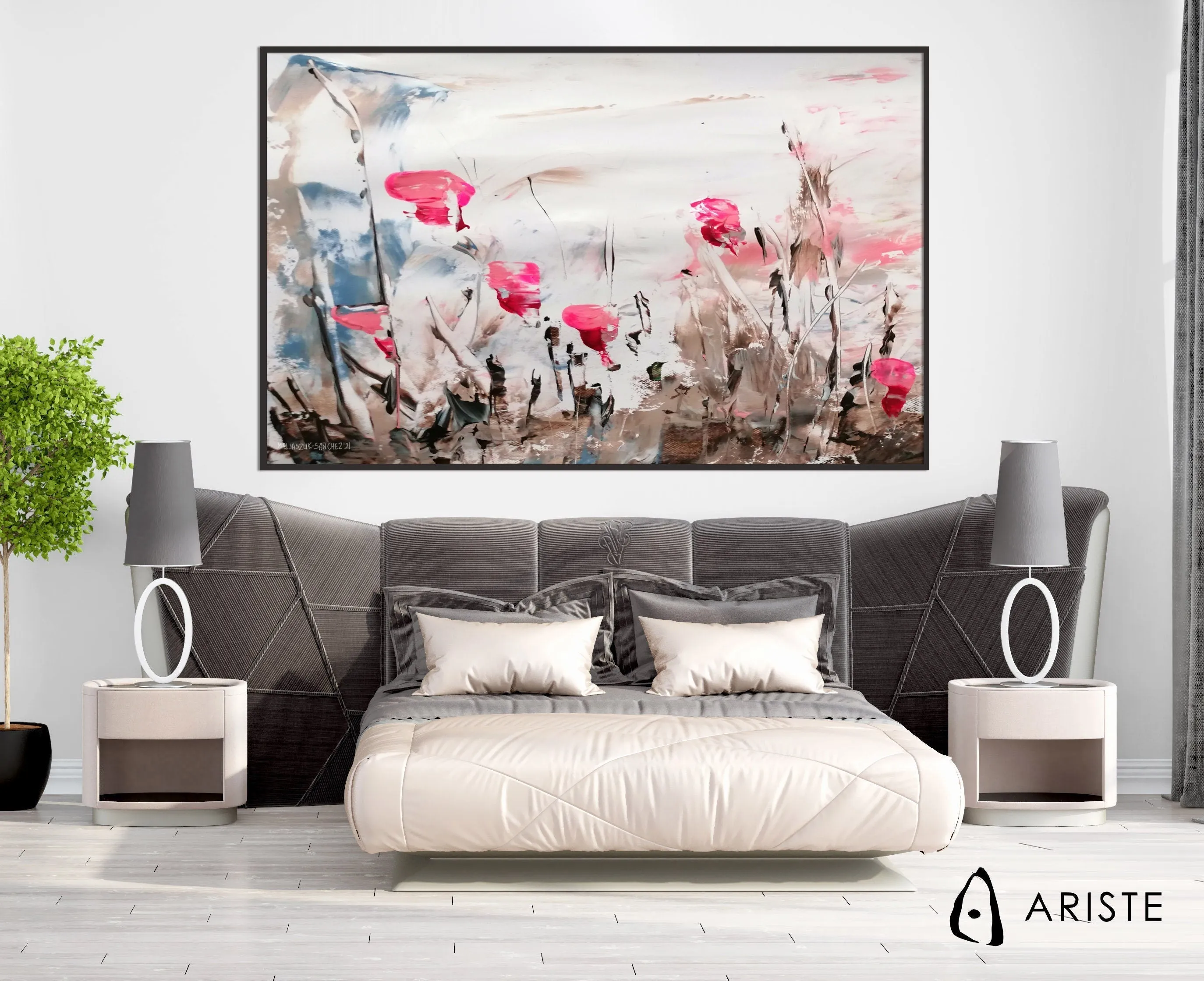 Pink & brown large abstract floral paintings made to order in a custom size