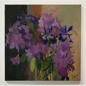 Spring Rhoadies and Iris 2015 c-lb189 by Lila Bacon Floral Painting on Canvas