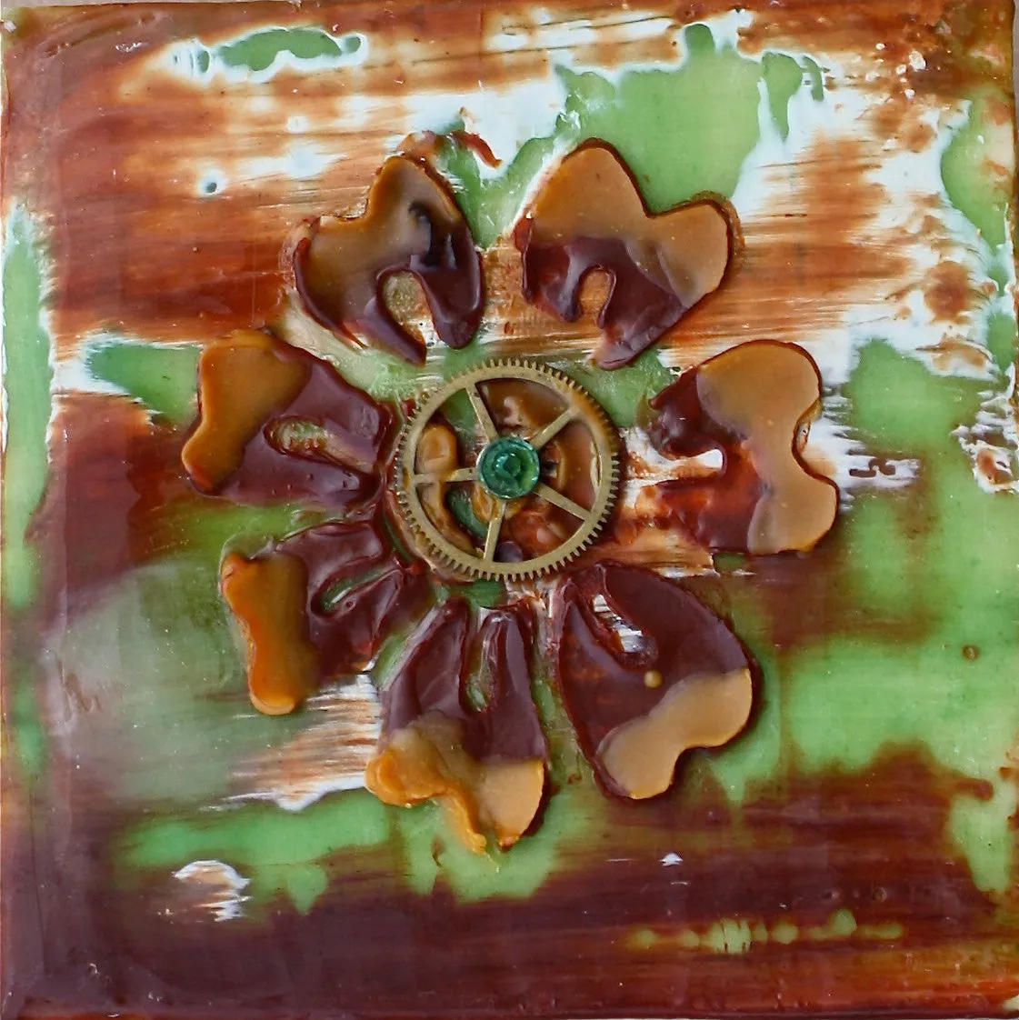 STeampunk Garden II  - Encaustic - Found Object - Mixed Media- Original Art