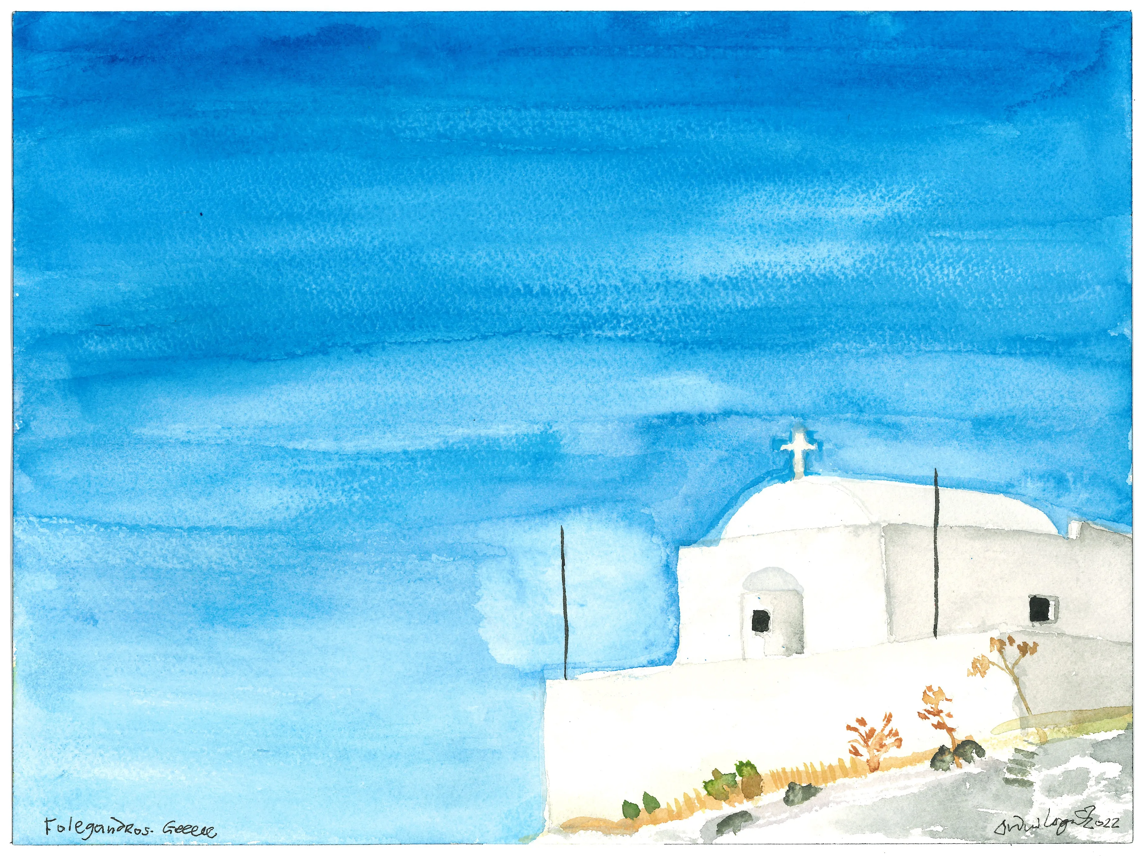 The Church of Panagia, Folegrandos, Greece, 2022. Original Watercolour by Andrew Logan