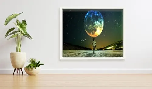 VERRE ART Printed Framed Canvas Painting for Home Decor Office Wall Studio Wall Living Room Decoration (34x22inch White Floater) - Full Moon