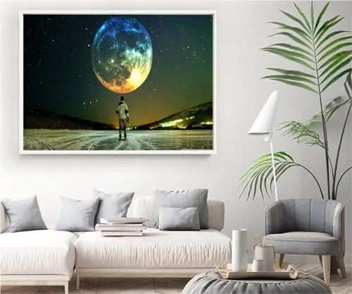 VERRE ART Printed Framed Canvas Painting for Home Decor Office Wall Studio Wall Living Room Decoration (34x22inch White Floater) - Full Moon