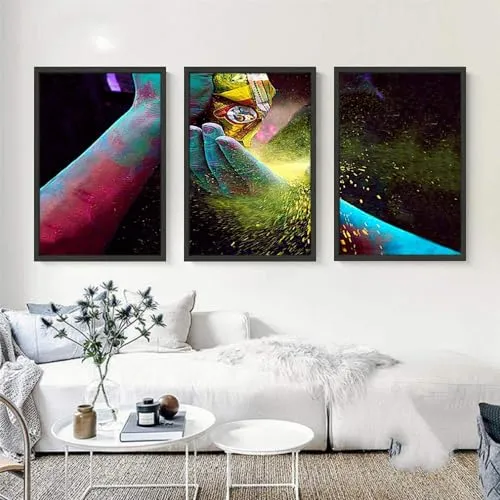 VERRE ART Printed Framed Canvas Painting for Home Decor Office Wall Studio Wall Living Room Decoration (46x27inch (Split in 3 Part) Black Floater) - Holi 2