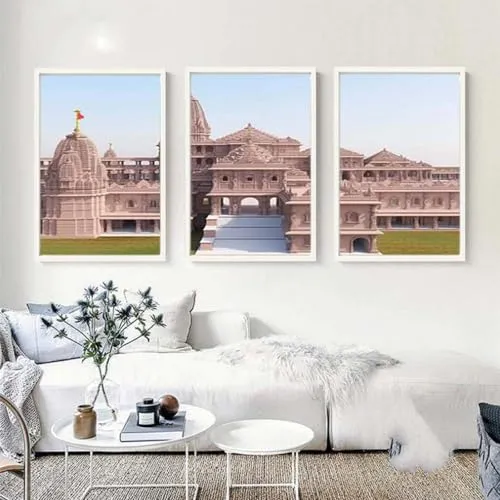 VERRE ART Printed Framed Canvas Painting for Home Decor Office Wall Studio Wall Living Room Decoration (46x27inch (Split in 3 Part) White Floater) - Ayodhya Ram Mandir Ram Janam Bhoomi 35