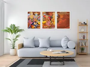 VERRE ART Printed Framed Canvas Painting for Home Decor Office Wall Studio Wall Living Room Decoration (46x27inch (Split in 3 Part) White Floater) - Ramnavami 4