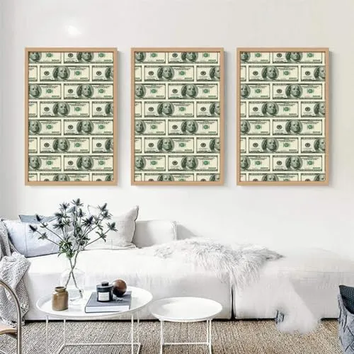 VERRE ART Printed Framed Canvas Painting for Home Decor Office Wall Studio Wall Living Room Decoration (46x27inch (Split in 3 Part) Wooden Floater) - Money Money Money