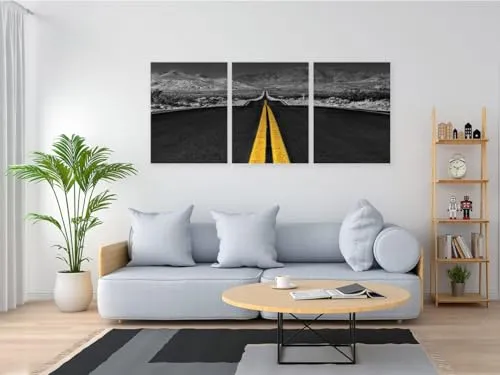 VERRE ART Printed Framed Canvas Painting for Home Decor Office Wall Studio Wall Living Room Decoration (46x27inch (Split in 3 Part) Wrapped) - Long Desert Road Black And White