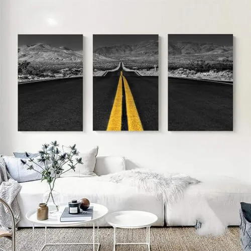 VERRE ART Printed Framed Canvas Painting for Home Decor Office Wall Studio Wall Living Room Decoration (46x27inch (Split in 3 Part) Wrapped) - Long Desert Road Black And White