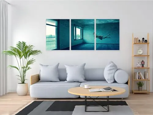 VERRE ART Printed Framed Canvas Painting for Home Decor Office Wall Studio Wall Living Room Decoration (46x27inch (Split in 3 Part) Wrapped) - Underwater Room