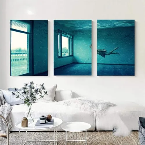 VERRE ART Printed Framed Canvas Painting for Home Decor Office Wall Studio Wall Living Room Decoration (46x27inch (Split in 3 Part) Wrapped) - Underwater Room