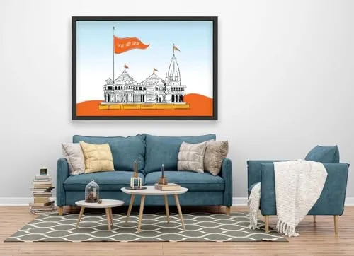 VERRE ART Printed Framed Canvas Painting for Home Decor Office Wall Studio Wall Living Room Decoration (60x45inch Black Floater) - Ayodhya Ram Mandir Ram Janam Bhoomi 48