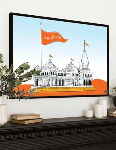 VERRE ART Printed Framed Canvas Painting for Home Decor Office Wall Studio Wall Living Room Decoration (60x45inch Black Floater) - Ayodhya Ram Mandir Ram Janam Bhoomi 48