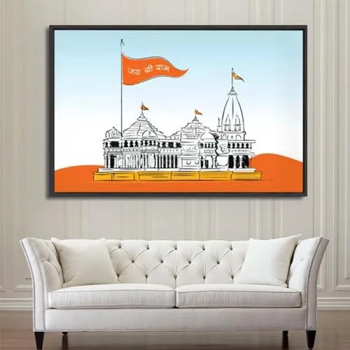 VERRE ART Printed Framed Canvas Painting for Home Decor Office Wall Studio Wall Living Room Decoration (60x45inch Black Floater) - Ayodhya Ram Mandir Ram Janam Bhoomi 48