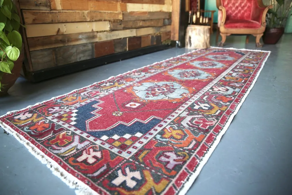 Vintage Faded Anatolian Turkish Runner Rug 3.2ftx9.10ft